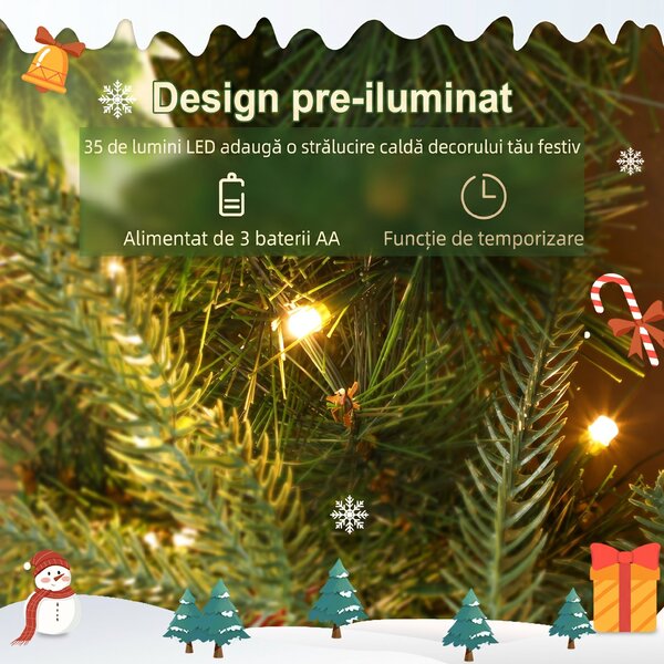 HOMCOM Ghirlandă de Crăciun de 60 cm cu Lumini LED Albe, Coroană de Crăciun cu Temporizator, 170 de Ramuri, Conuri de Pin, Boabe și Vâsc, Decor de Crăciun pentru Ușă și Fereastră, Verde | Aosom Romania