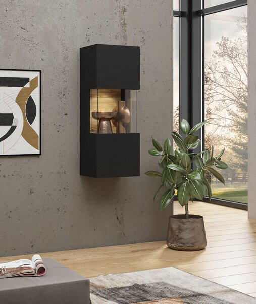 Vitrină de perete Avernic Typ 07 (onyx negru + Stejar wotan). Promo -22%. 1042062