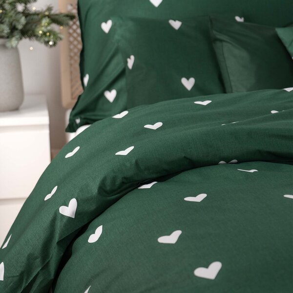 Goldea lenjerie de pat 100% bumbac - inimioare pe verde închis 135 x 200 și 40 x 80 cm