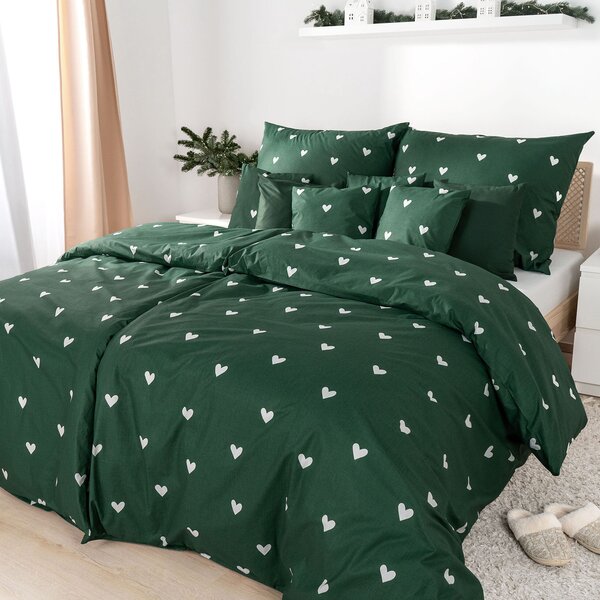 Goldea lenjerie de pat 100% bumbac - inimioare pe verde închis 135 x 200 și 40 x 80 cm