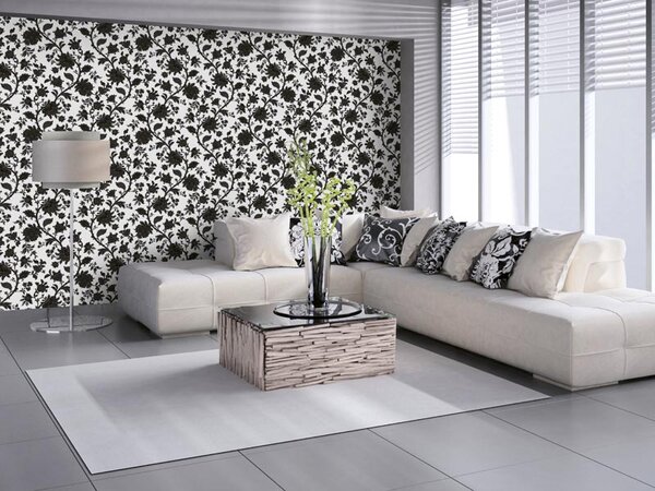 Tapet vlies de lux ornamente alb-negru cu flori
