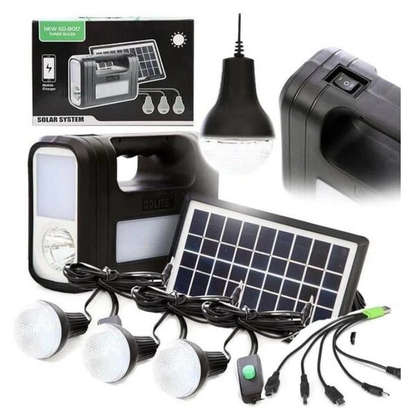 Kit solar GD-Lite 8017 dotat cu dispozitive USB cu 3 becuri LED si acumulator