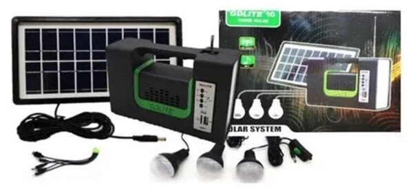 Kit solar GD-Lite 10, dotat cu dispozitive USB cu 3 becuri LED + acumulator de mare capacitate + Radio, negru
