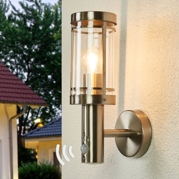 Lindby lampă de perete pentru exterior Djori, senzor, aluminiu colorat, E27, reglabil, Metalic, Oțel inoxidabil, Modern
