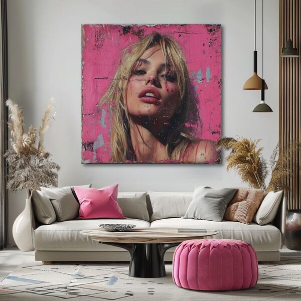 Tablou de perete Blonde beauty - Pink barbie | finisată de mâna artistului - 60x60 cm