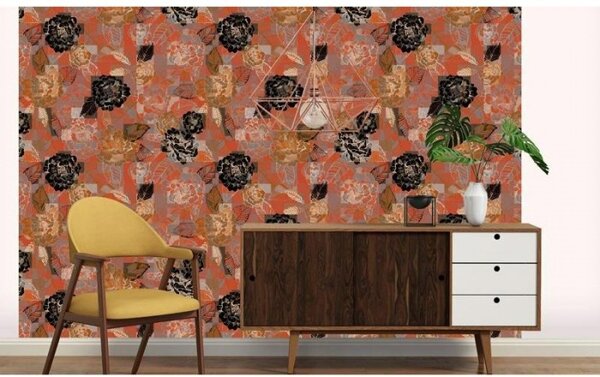 Tapet vlies de lux patchwork floral portocaliu