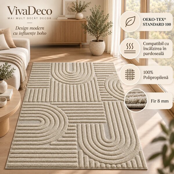 Covor Rotund VivaDeco Art V1, D120 cm, Bej, 100% Polipropilena, Fir 8 mm, 1900 g/mp, OEKO-TEX Standard 100