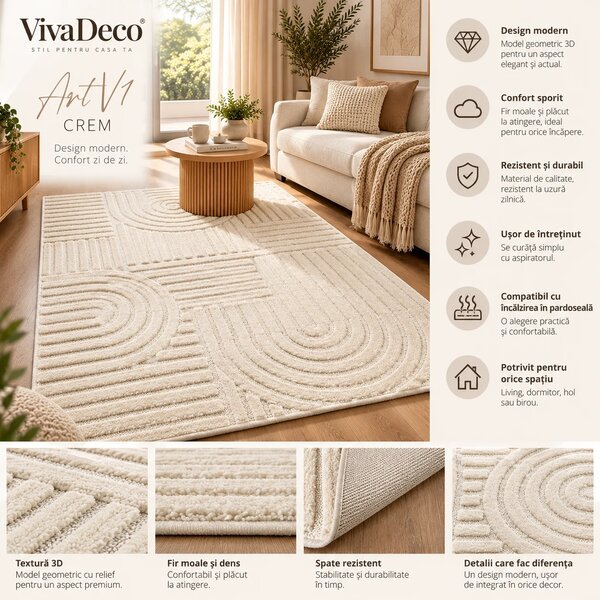 Covor VivaDeco Art V1, 280 x 370 cm, Crem, 100% Polipropilena, Fir 8 mm, 1900 g/mp, OEKO-TEX Standard 100