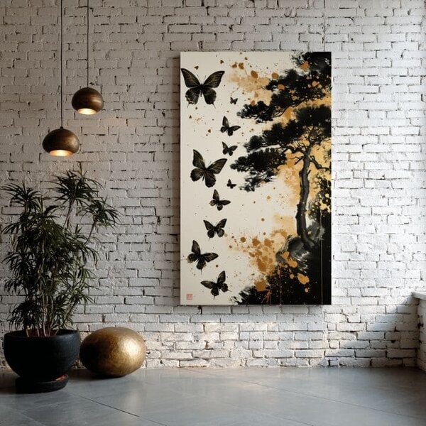 Tablou canvas Butterfly Harmony - Black and Gold Design - 60x90 cm