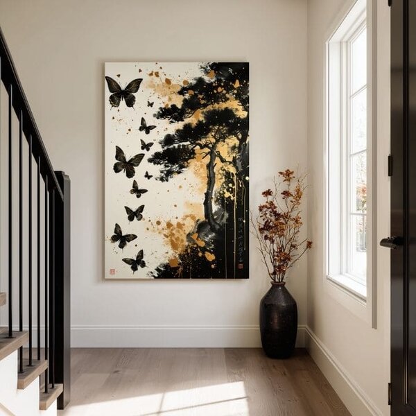 Tablou canvas Butterfly Harmony - Black and Gold Design - 60x90 cm