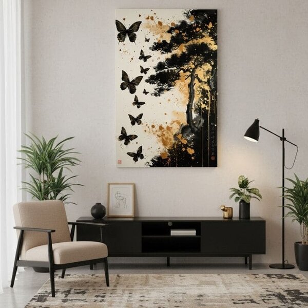 Tablou canvas Butterfly Harmony - Black and Gold Design - 60x90 cm