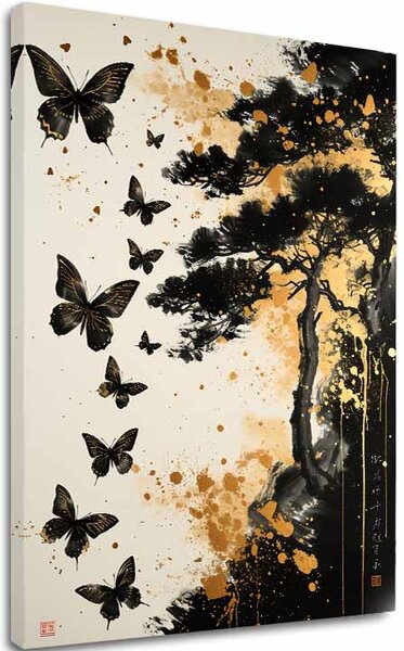 Tablou canvas Butterfly Harmony - Black and Gold Design - 60x90 cm