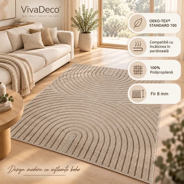 Covor Rotund VivaDeco Art V2, D120 cm, Bej, 100% Polipropilena, Fir 8 mm, 1900 g/mp, OEKO-TEX Standard 100