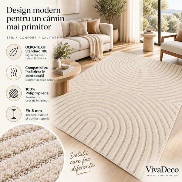 Covor tip Traversa VivaDeco Art V2, 80 x 150 cm, Crem, 100% Polipropilena, Fir 8 mm, 1900 g/mp, OEKO-TEX Standard 100