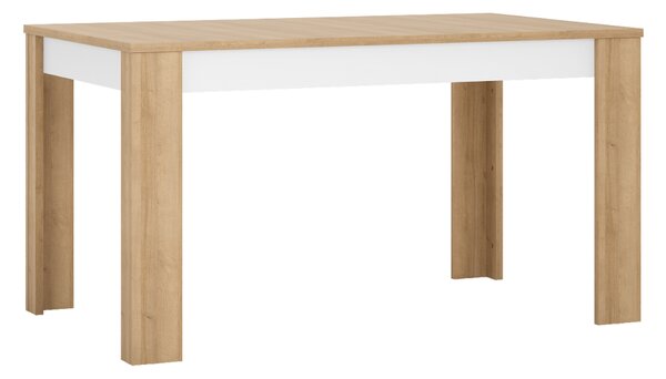 KONDELA Masă dining LYOT03, extensibilă, stejar riviera/alb extra lucios HG, 140-180x85 cm, LEONARDO