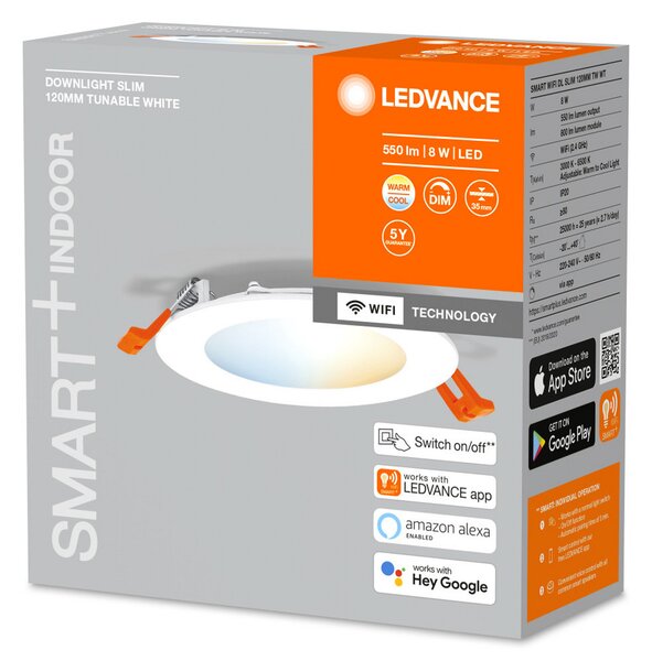 LEDVANCE SMART+ WiFi Orbis Downlight Slim Ø 12 cm, reglabil, Alb, Camera de zi / sufragerie, Plastic, Modern