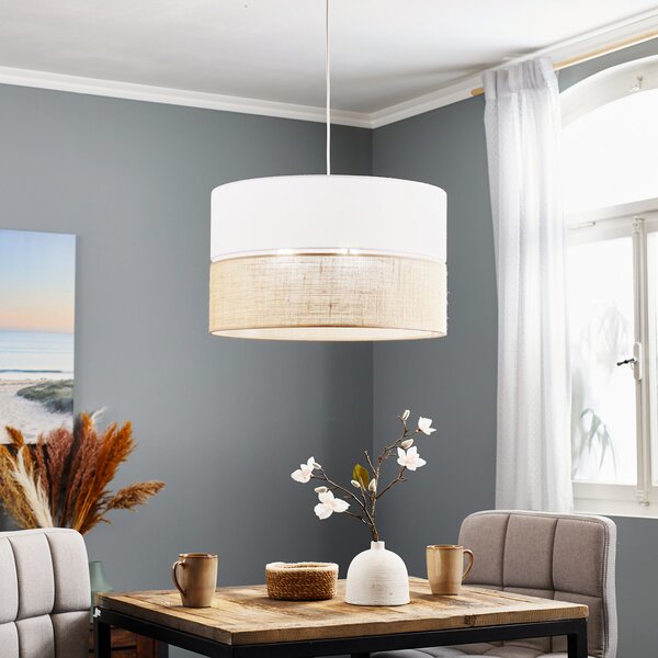 TK Lighting Lampă suspendată Linobianco cu iută, reglabil, Alb, Camera de zi / sufragerie, Țesătură / Textil, Modern