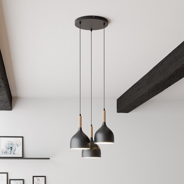 Luminex Lampă suspendată Noak cu 3 becuri rotundă negru/lemn natural, reglabil, Negru, Camera de zi / sufragerie, Metal, Modern