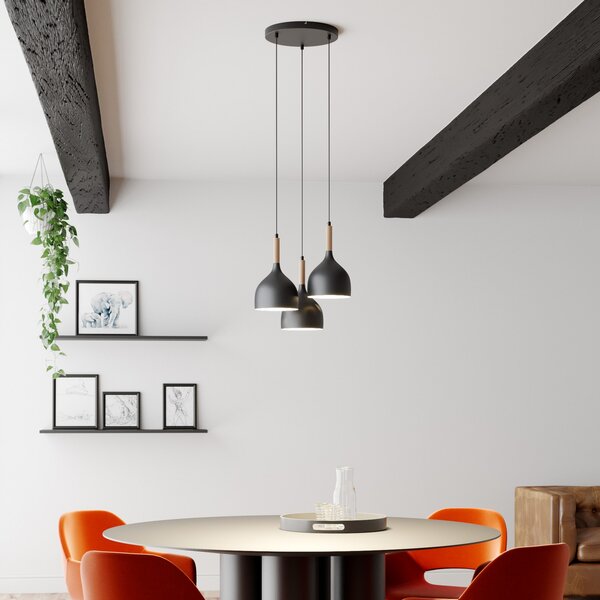Luminex Lampă suspendată Noak cu 3 becuri rotundă negru/lemn natural, reglabil, Negru, Camera de zi / sufragerie, Metal, Modern