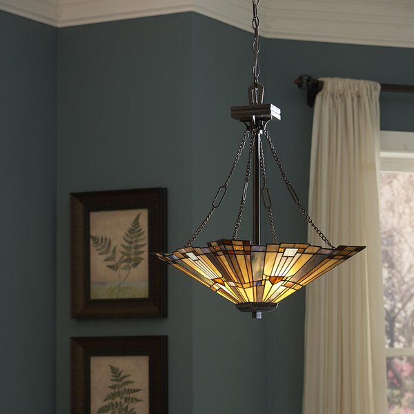 QUOIZEL Lampă susp. Inglenook cu sticlă colorată, L 45cm, reglabil, Bronz / Alamă Veche, Camera de zi / sufragerie, Metal, Tiffany