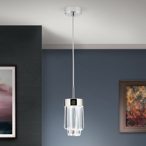 ORION Lampă susp. LED Prism, sticlă cristal, Ø10cm, crom, reglabil, Metalic, Camera de zi / sufragerie, Cristal