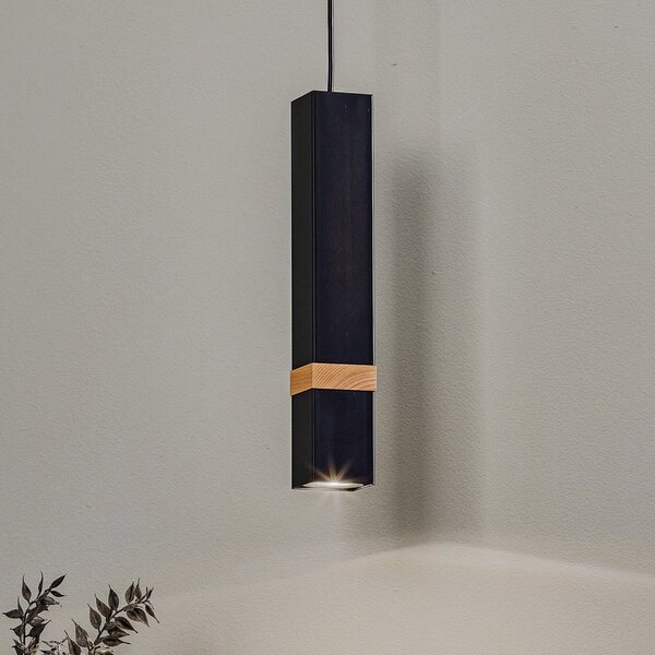 Eko-Light Lampă suspendată Vidar, negru cu detalii din lemn, 1 bec, reglabil, Negru, Camera de zi / sufragerie, Metal, Modern