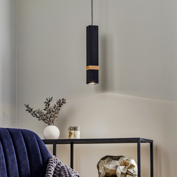 Eko-Light Lampă suspendată Vidar, negru cu detalii din lemn, 1 bec, reglabil, Negru, Camera de zi / sufragerie, Metal, Modern