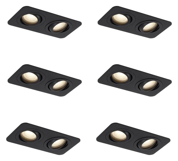 Set de 6 spoturi încastrate rotunjite negre GU10 50mm pivotante și înclinabile IP44 cu 2 lumini - Alberto