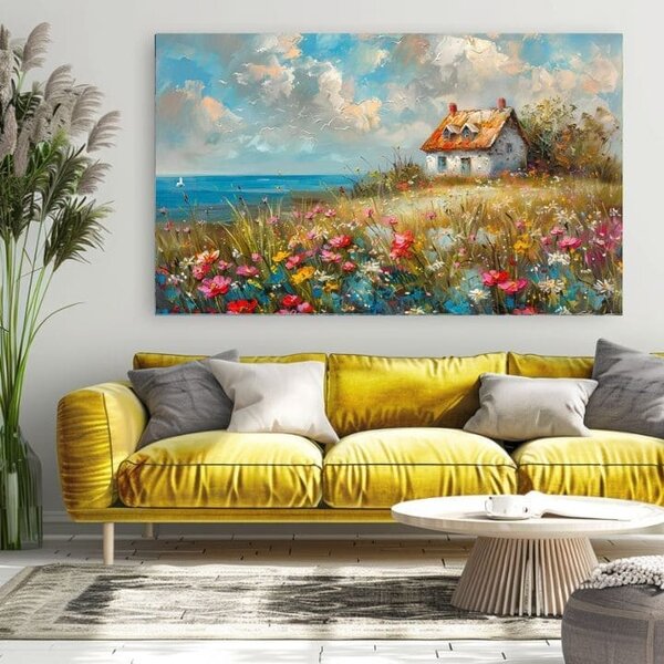 Tablou de perete unui peisaj pe panza Casa de țară în flori | finisată de mâna artistului - 40x60 cm