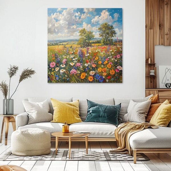 Tablou de perete unui câmp de flori pe panza Pajiște de vară | finisată de mâna artistului - 60x60 cm