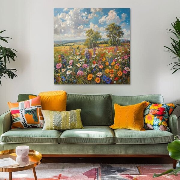 Tablou de perete unui câmp de flori pe panza Pajiște de vară | finisată de mâna artistului - 60x60 cm