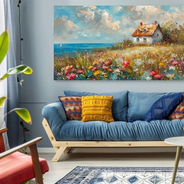 Tablou de perete unui peisaj pe panza Casa de țară în flori | finisată de mâna artistului - 40x60 cm