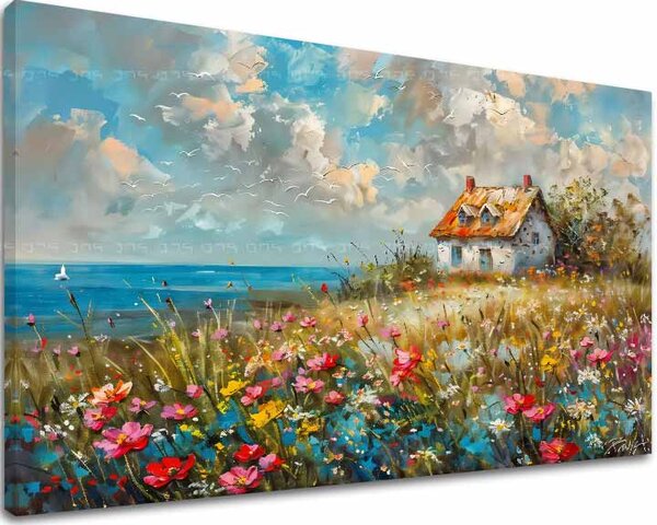 Tablou de perete unui peisaj pe panza Casa de țară în flori | finisată de mâna artistului - 40x60 cm