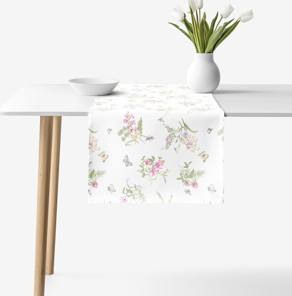 Goldea napron de masă 100% bumbac - flori de câmp colorate pe alb 35x140 cm
