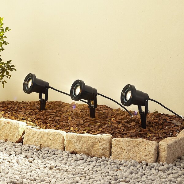 Lindby Thorgal lumină cu vârf de sol, Ø 9,8 cm, negru, set 3, reglabil, Negru, Plastic, Modern