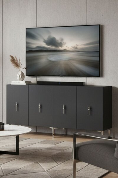 Komód, ezüst-antracit, 150 cm