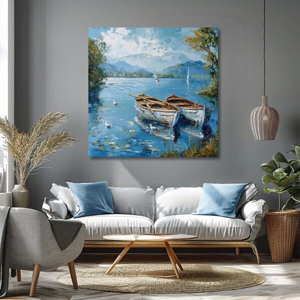 Peisaj pe panza Peisaj cu bărci | finisată de mâna artistului - 60x60 cm