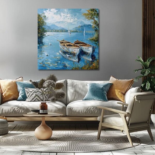 Peisaj pe panza Peisaj cu bărci | finisată de mâna artistului - 60x60 cm
