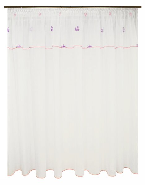Perdea Velaria voal alb cu flori mov si roz, 355x195 cm