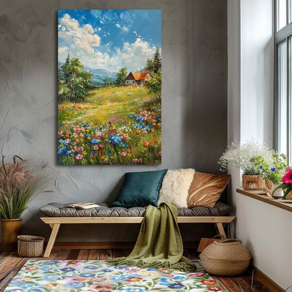 Peisaj pictură pe pânză Cabană în munți | finisată de mâna artistului - 40x60 cm