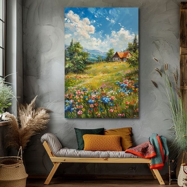 Peisaj pictură pe pânză Cabană în munți | finisată de mâna artistului - 40x60 cm