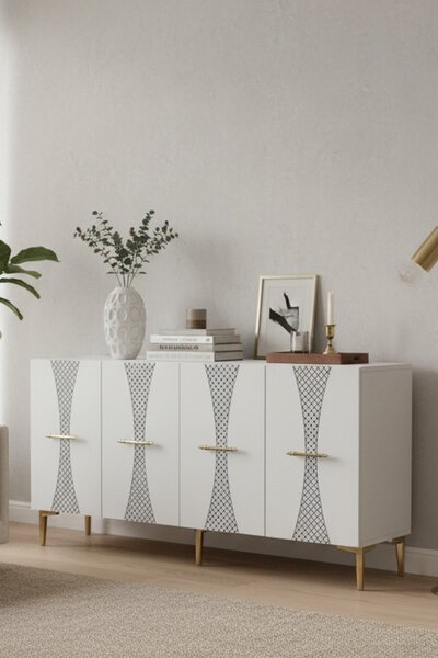 Slim komód, fehér-arany, 150 cm