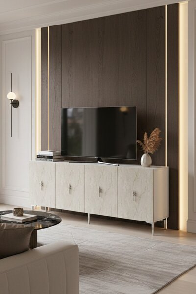 Komód, fehér-travertin, 180 cm – TR555CHM1736