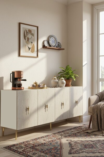 Komód, fehér-travertin, 180 cm – TR555CHM1735