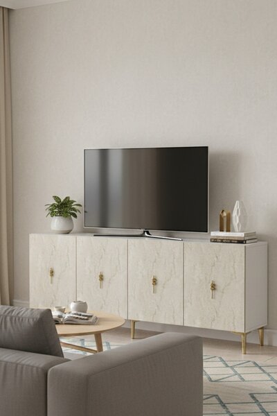 Komód, fehér-travertin, 180 cm – TR555CHM1735