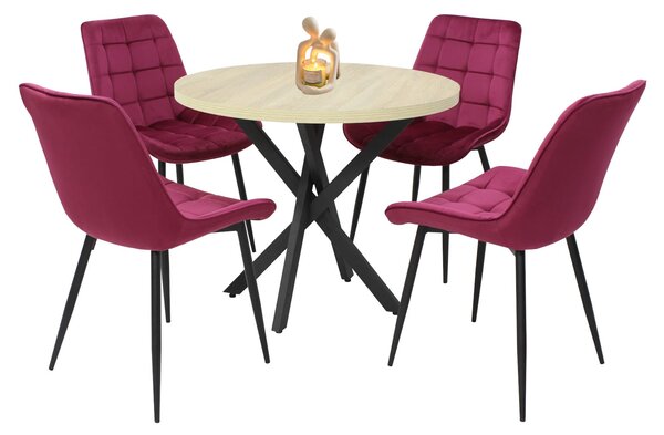 Set Masă fixă Rotundă Tania X Stejar cu 4 Scaune Onix Bordo
