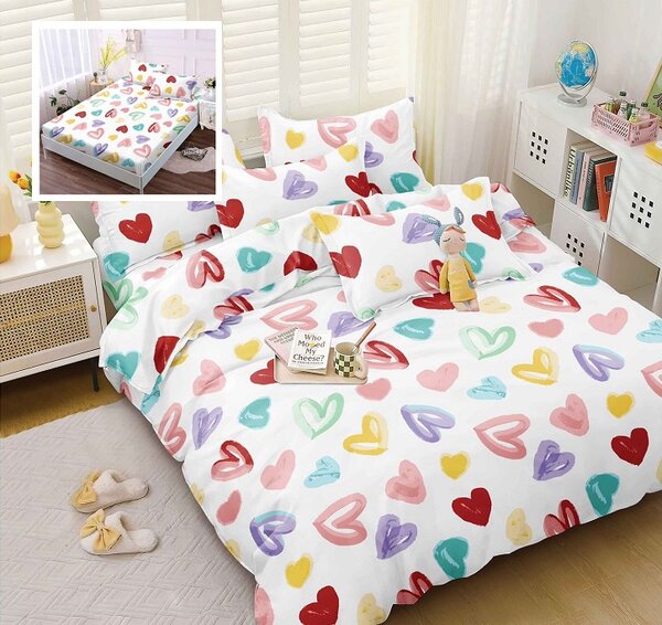(1+1 GRATIS) Lenjerie de pat DUBLU (cearsaf cu ELASTIC), model cu 2 FETE, cu 4 PIESE din BUMBAC SATINAT SUPERIOR (cod SE-113)