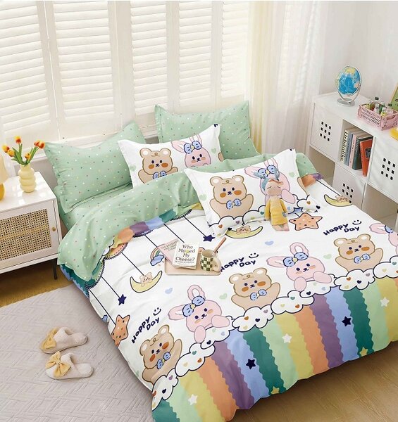 Lenjerie de pat DUBLU, model cu 2 FETE, cu 4 PIESE din BUMBAC SATINAT SUPERIOR (cod SA-684-BF)