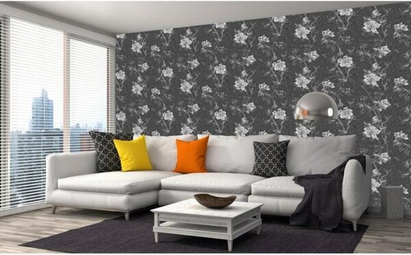 Tapet vlies de lux gravură florală alb-negru