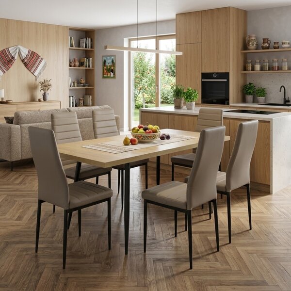 Set masă extensibilă Lisabona Stejar cu 6 Scaune Oscar Maro Deschis Piele Ecologică